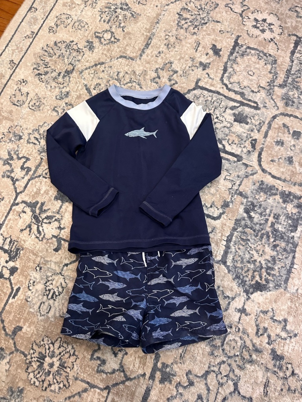 Janie and Jack Navy Shark Rash Guard Swim Trunk Set - 3T